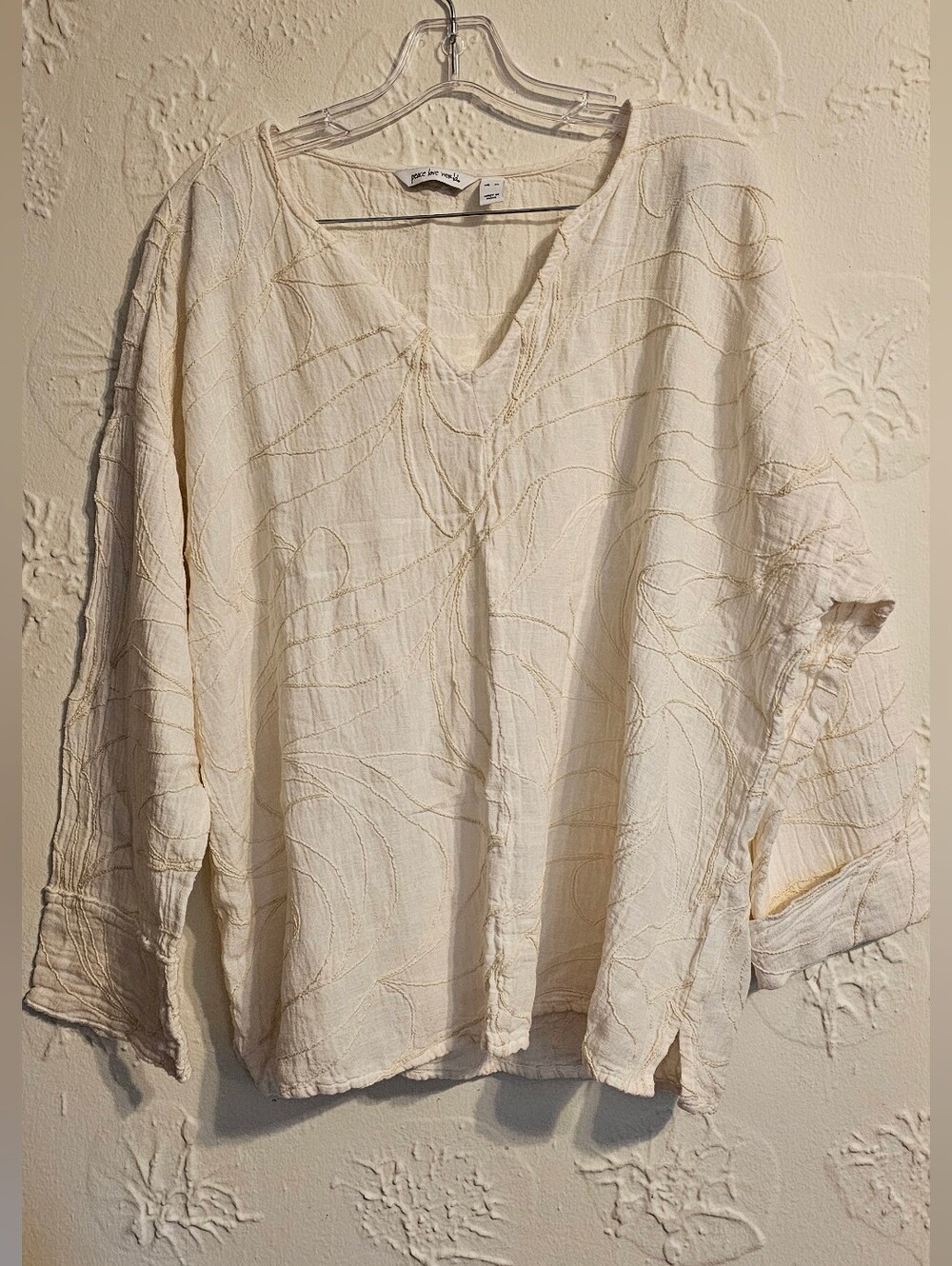 Peace Love World Embroidered V Neck Long Sleeve Top XL